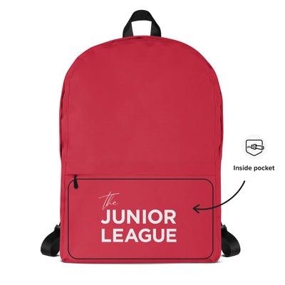 Junior League Red Backpack showing product details about inside pocket