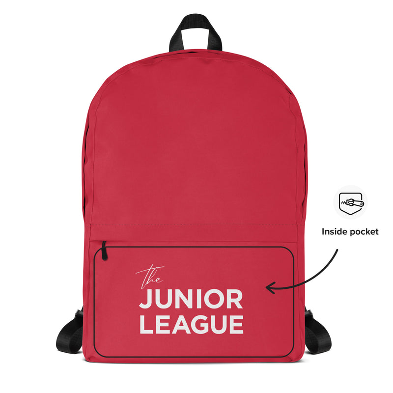 Junior League Red Backpack showing product details about inside pocket