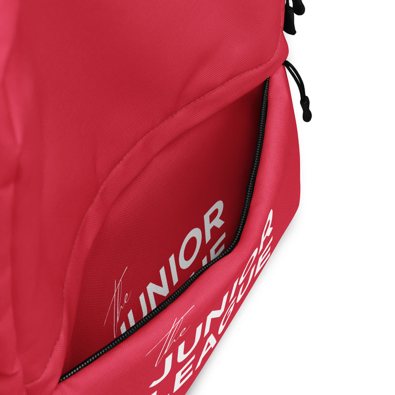 Junior League Red Backpack showing opening of inside pocket with lettering