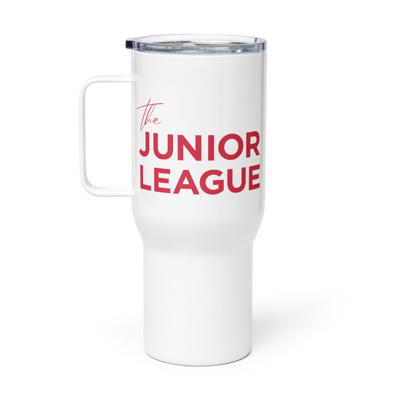 Junior League Insulated Travel Mug in red and white with handle on left