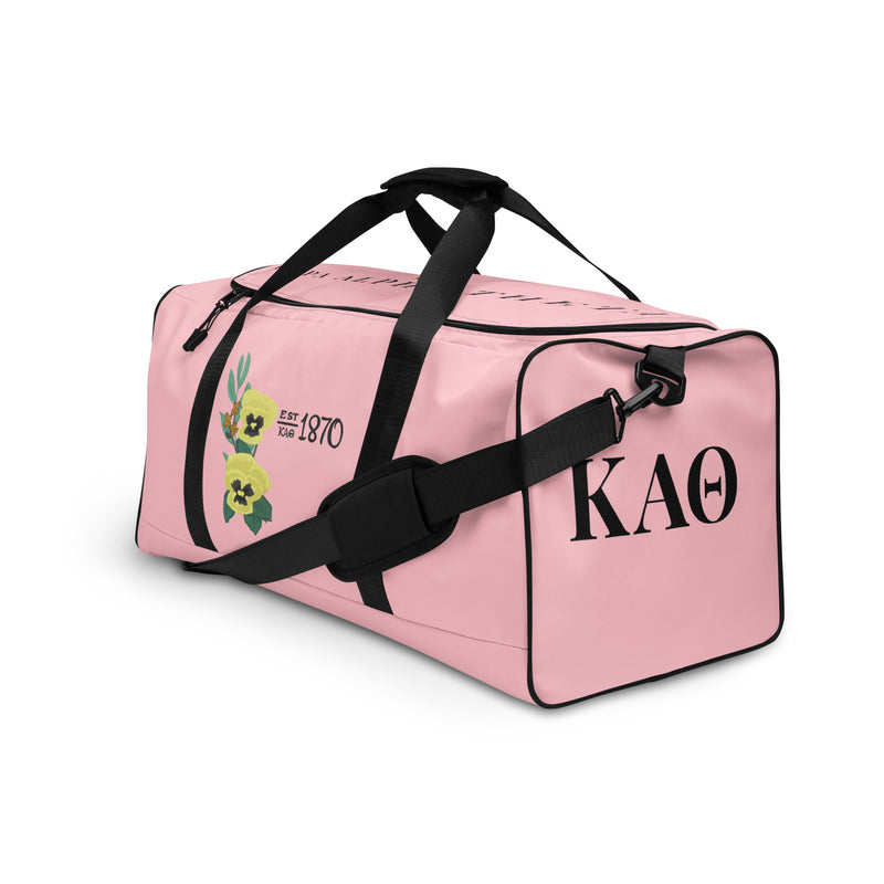 Kappa Alpha Theta Pink Duffel Bag showing side and front of duffel bag and Greek letters