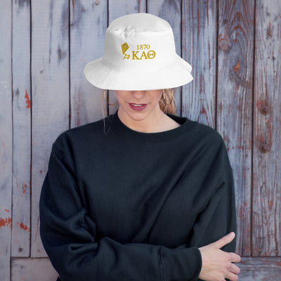 Kappa Alpha Theta Embroidered Bucket Hat shown on model in outdoor setting