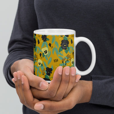 Kappa Alpha Theta Pansy Sorority Mug in 11 oz size with gold pansy floral print