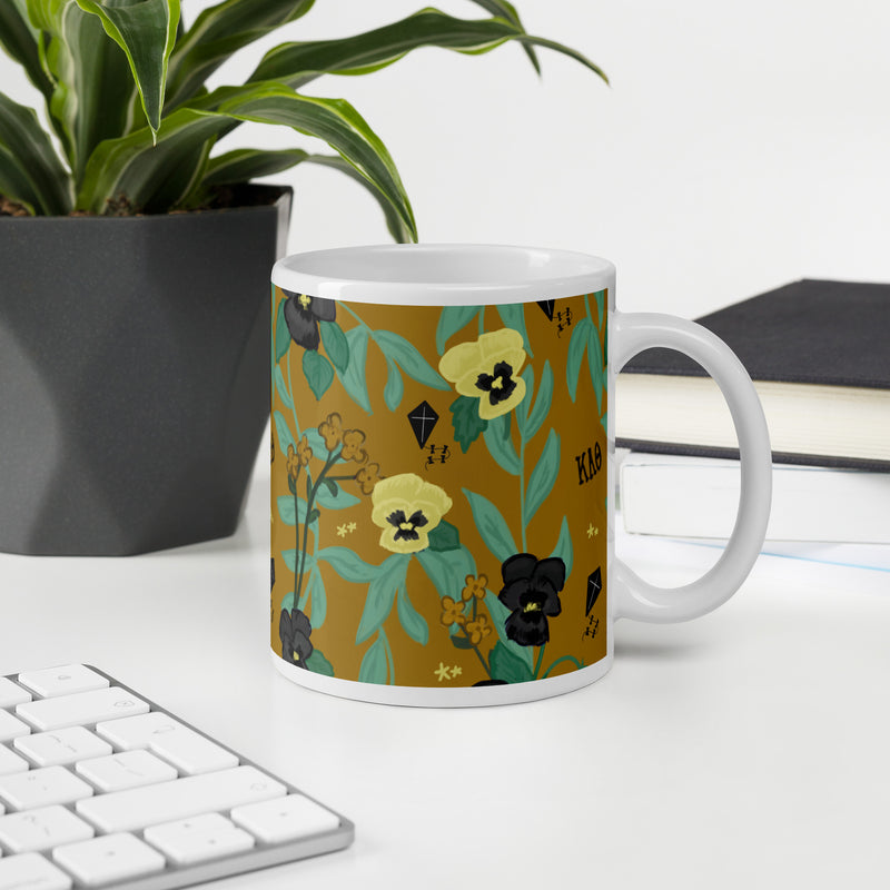 Kappa Alpha Theta Floral Sorority Mug in 11 oz size shown in office setting