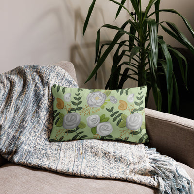 Kappa Delta KD Confident Pillow showing reverse side with rose floral print in light green