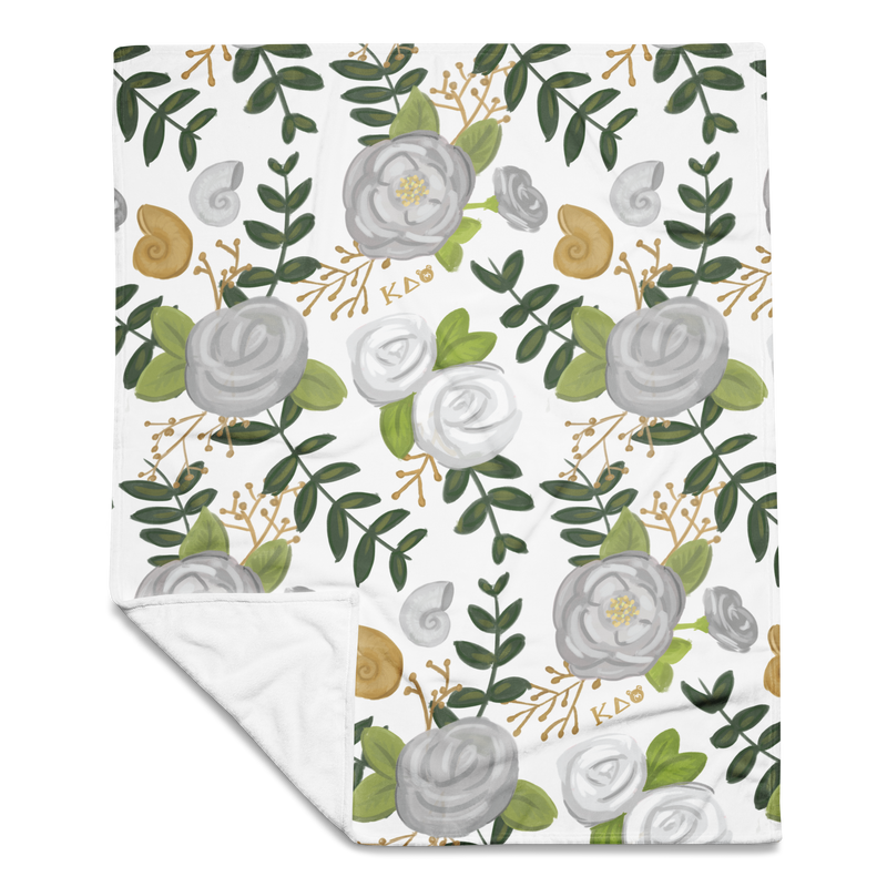 kappa delta rose floral throw blanket showing rose pattern and solid white back