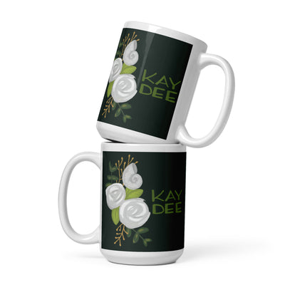 Kay Dee Hand-Drawn Glossy Mug in 15 oz size stacked in dark green