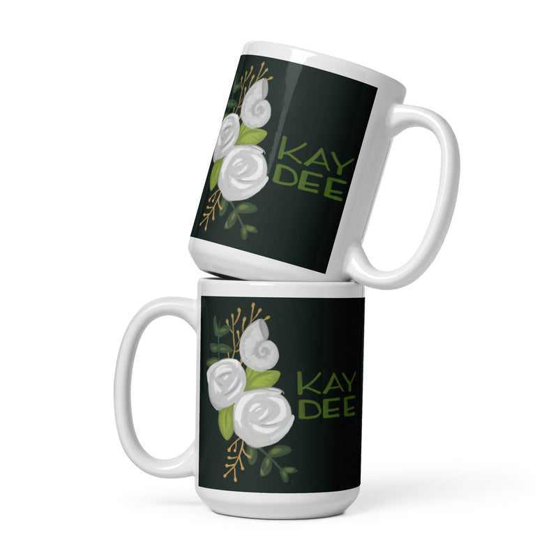 Kay Dee Hand-Drawn Glossy Mug in 15 oz size stacked in dark green