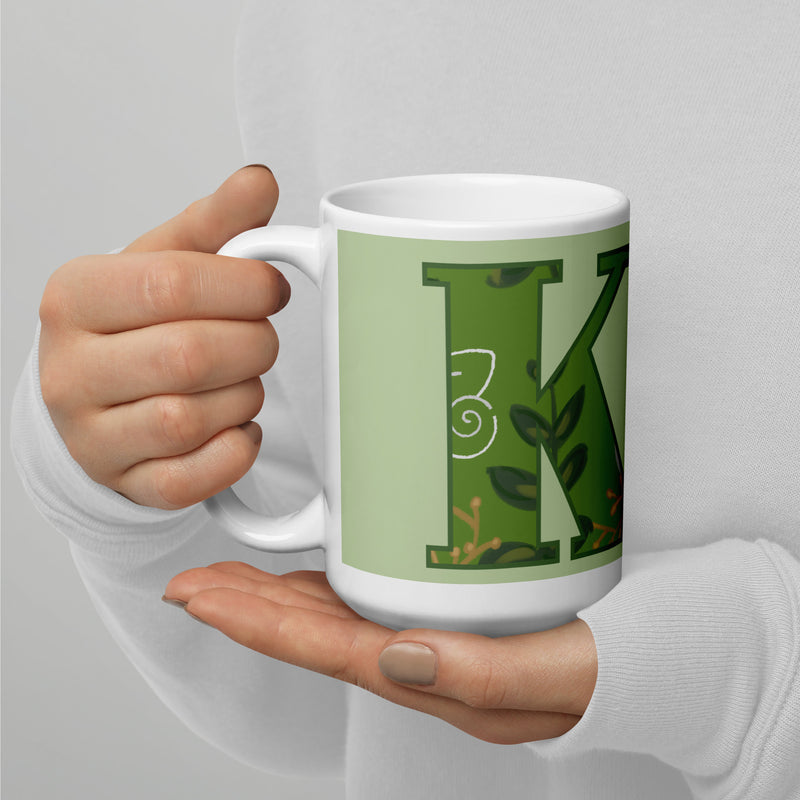 Kappa Delta Letters Mug in light green with filled letters in 15 oz siz