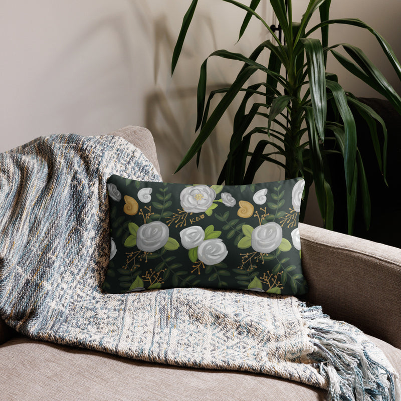 Kappa Delta Sorority Pillow showing floral print on back of lumbar pillow 