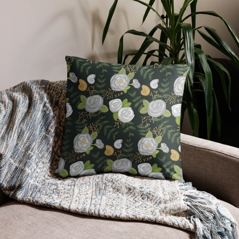 Kappa Delta Sorority Pillow showing rose floral print on back of 22" x 22" pillow