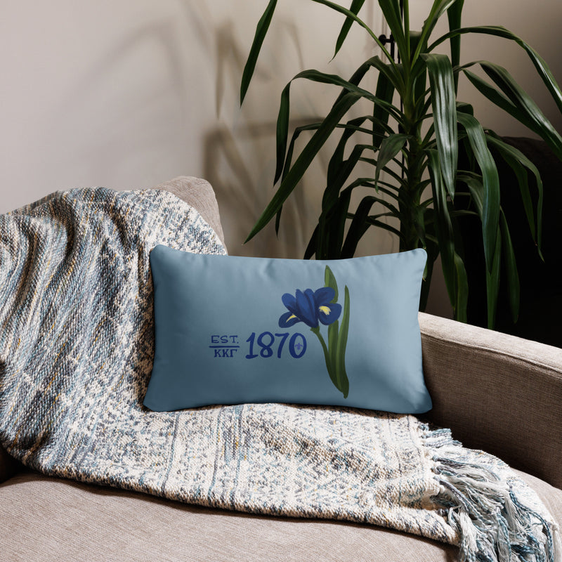 Kappa Kappa Gamma Sorority Pillow with hand-drawn 1870 pillow in blue shown on couch