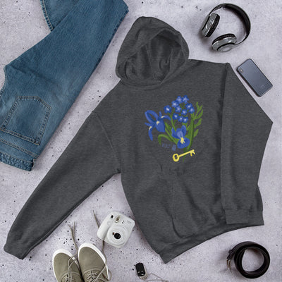 Kappa Kappa Gamma Fleur de Key Hoodie shown laying flat in dark heather gray in lifestyle setting
