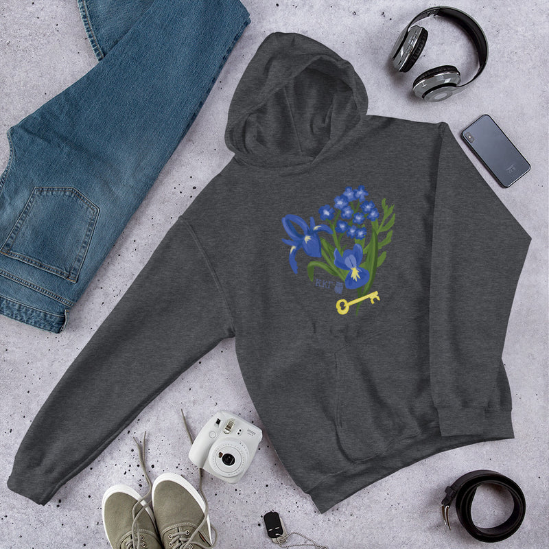 Kappa Kappa Gamma Fleur de Key Hoodie shown laying flat in dark heather gray in lifestyle setting