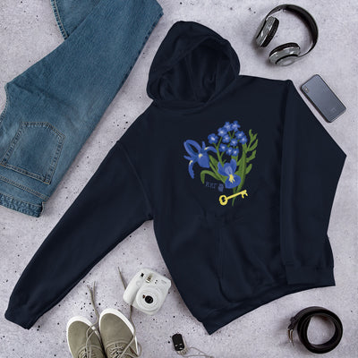 Kappa Kappa Gamma Fleur de Key Hoodie shown laying flat in Navy blue in lifestyle setting