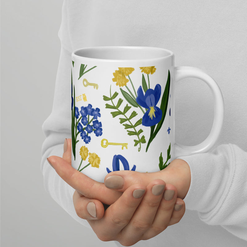 Kappa Kappa Gamma larger 20 oz mug in white with Fleur de Lis floral print that makes a great gift idea shown in model&