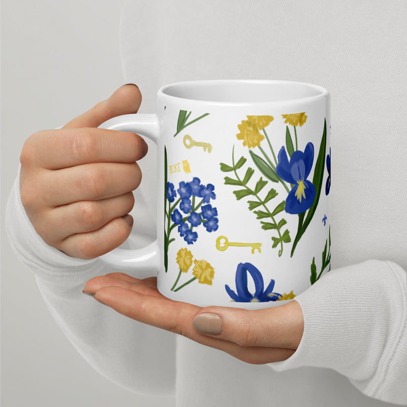 Kappa Kappa Gamma larger 20 oz mug in white with Fleur de Lis floral print that makes a great gift idea