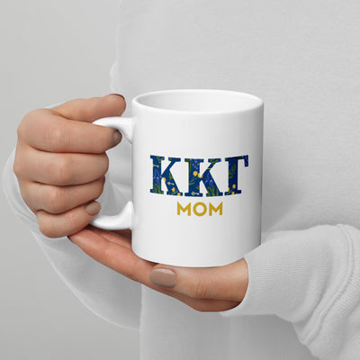 Kappa Kappa Gamma Mom Mug in 11 oz size showing front of mug with sorority letters filled with floral print
