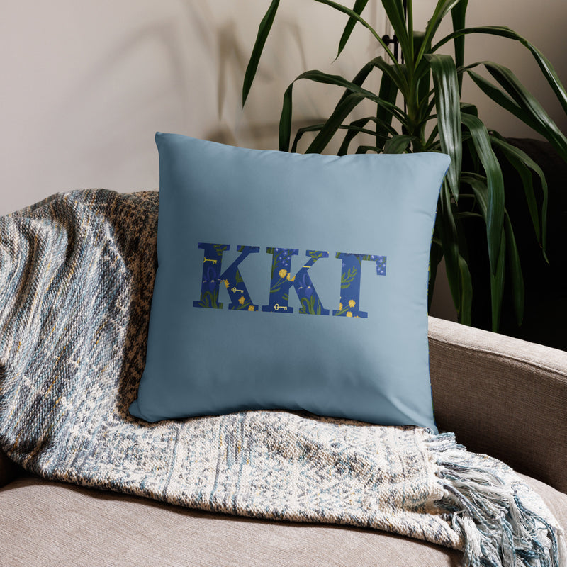 Kappa Kappa Gamma Sorority Letters Pillow showing front of 22" x 22" pillow shown on couch