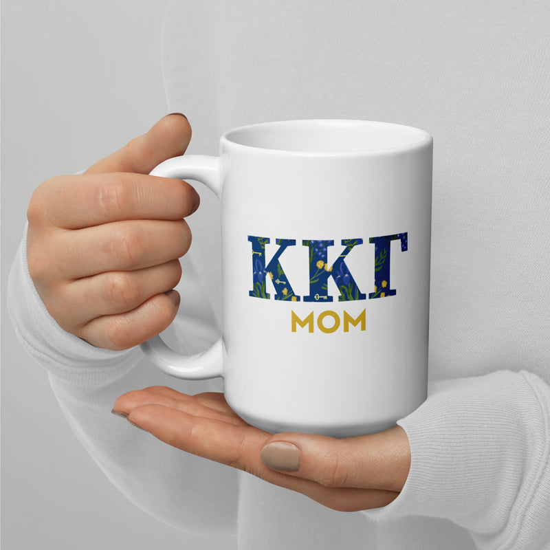 Kappa Kappa Gamma Mom Mug in 15 oz size showing front of mug with sorority letters filled with floral print