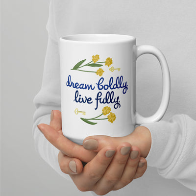 Kappa Kappa Gamma Mom Mug in 15 oz size showing front of mug with sorority letters filled with floral print