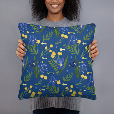 Kappa Kappa Gamma Sorority Motto Pillow showing reverse side with fleur de lis floral print