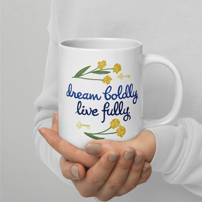 Kappa Kappa Gamma Sorority Motto Mug with hand drawn Kappa design shown in model's hands