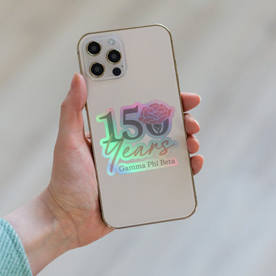 G Phi 150th Anniversary Holographic 3" x 3" Sticker on phone case