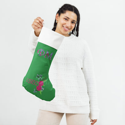 Phi Mu 1852 Holiday Stocking in model's hands
