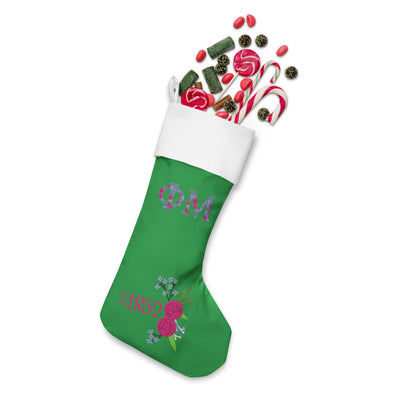Phi Mu 1852 Holiday Stocking in green with candy treats