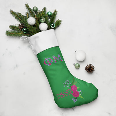 Phi Mu 1852 Holiday Stocking with pine branches