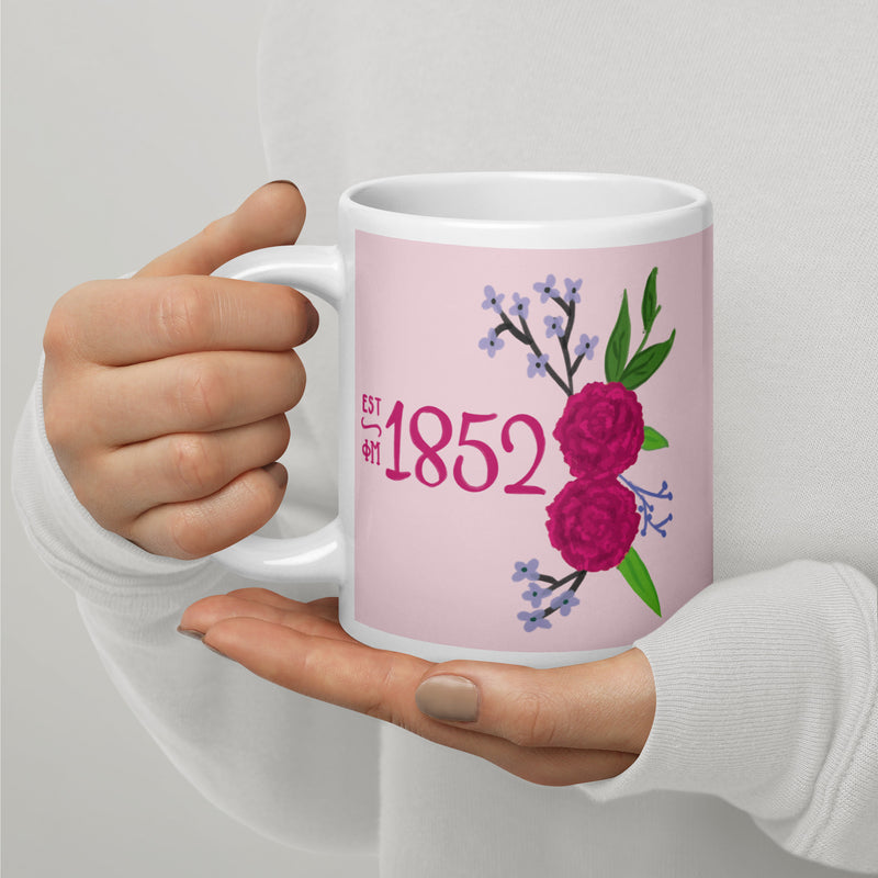 Phi Mu 1852 mug in 20 oz size shown in model&