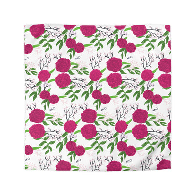 Phi Mu Sorority Duvet Cover in shown in full size view with pink carnation floral print by Greek Happy