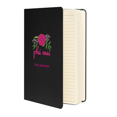 Phi Mu Carnation Personalized Journal Book in black showing inside lined pages