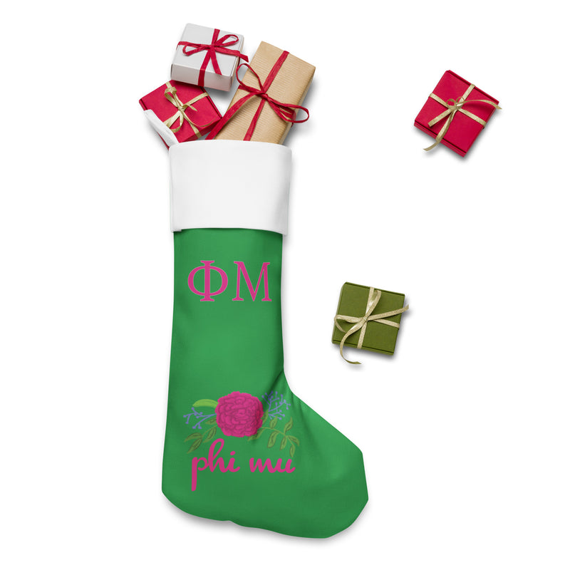 Phi Mu Carnation Design Holiday Stocking with gifts