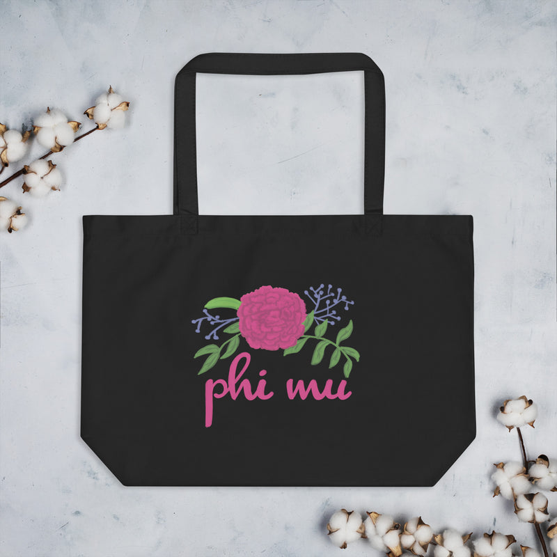 Phi Mu Carnation Tote Bag shown flat with cotton blossoms because its organic cotton