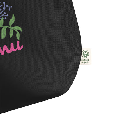 Phi Mu Carnation Tote Bag showing a close up with the certified organic label