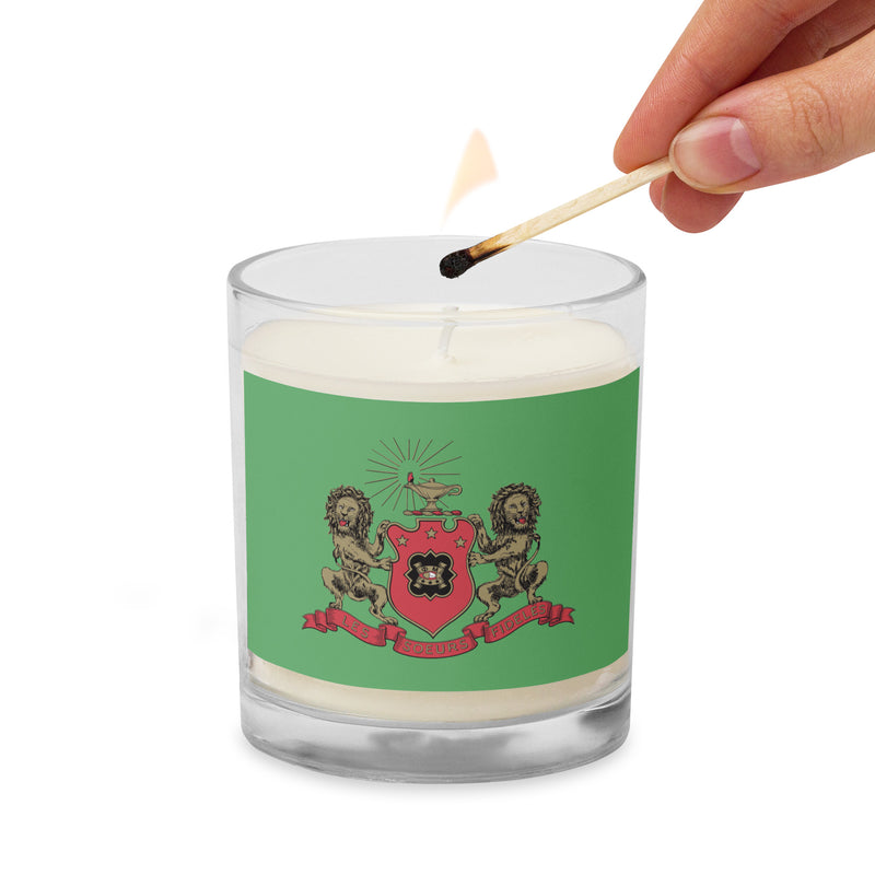 Phi Mu Crest Soy Unscented Candle showing being lighted