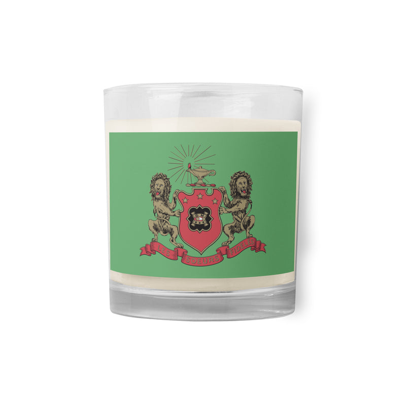 Phi Mu Crest Soy Unscented Candle in close up view