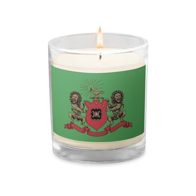 Phi Mu Crest Soy Unscented Candle shown lit