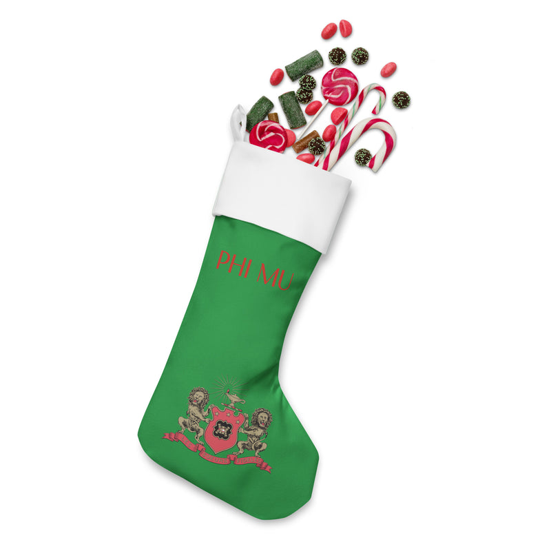 Phi Mu Coat of Arms Holiday Stocking with candy treats
