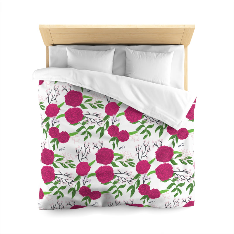 Phi Mu Sorority Duvet Cover in queen size shown with headboard by Greek Happy