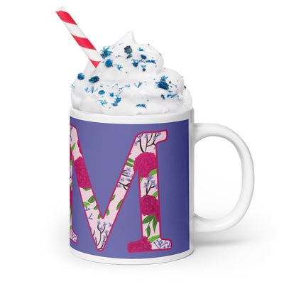 Phi Mu Filled Letters Sorority Mug shown in extra large 20 oz mug size with whipped cream