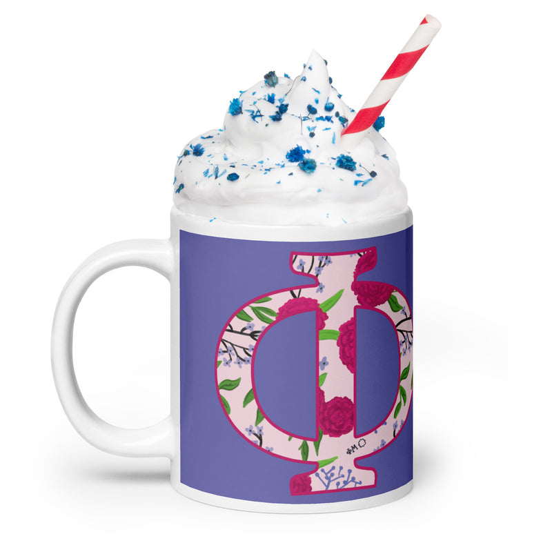 Phi Mu Filled Letters Sorority Mug in larger 20 oz size shown with whipped cream and straw