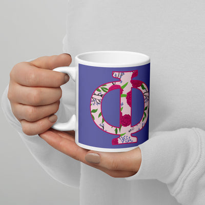 Phi Mu Filled Letters Sorority Mug shown in model's hands
