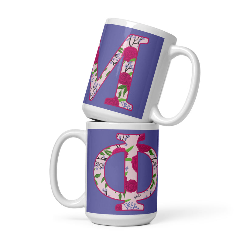 Phi Mu Filled Letters Sorority Mug shown in 15 oz size stacked 