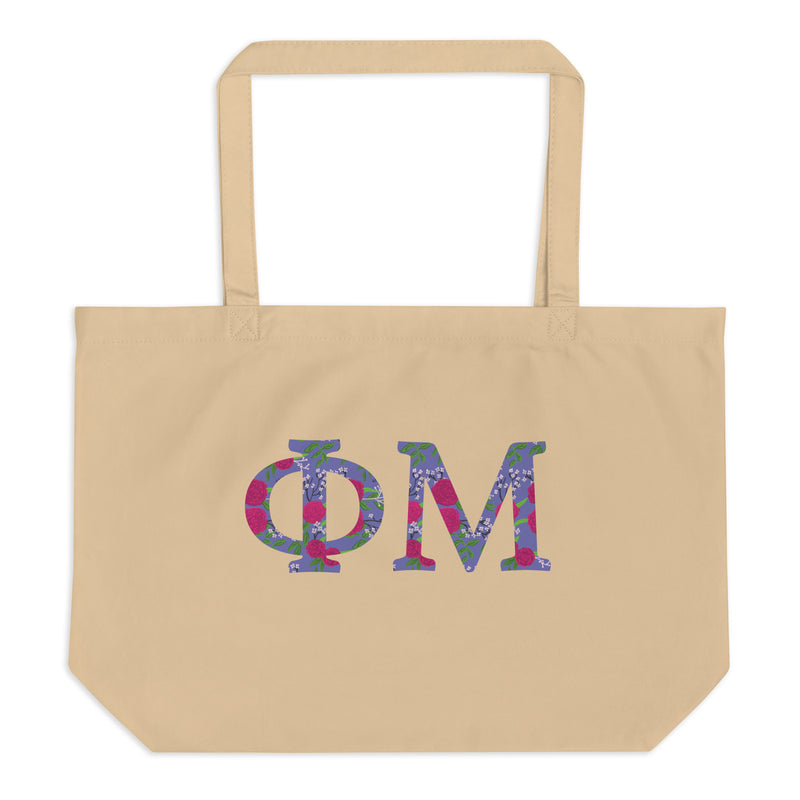 Phi Mu Filled Letters Tote Bag in natural oyster shown flat