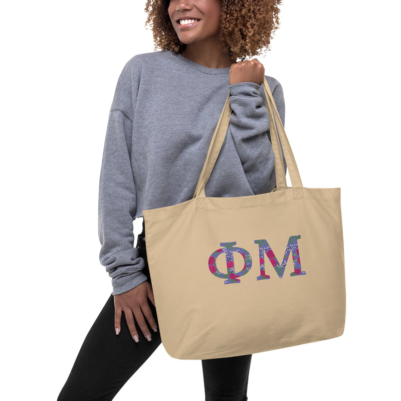 Phi Mu Filled Letters Tote Bag in natural oyster shown on model&