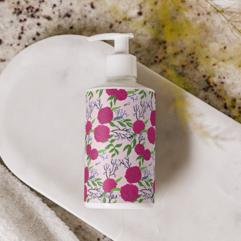 Phi Mu Carnation Floral Print Hand & Body Lotion in bathroom view