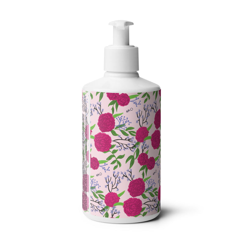 Phi Mu Carnation Floral Print Hand & Body Lotion showing ingredients label